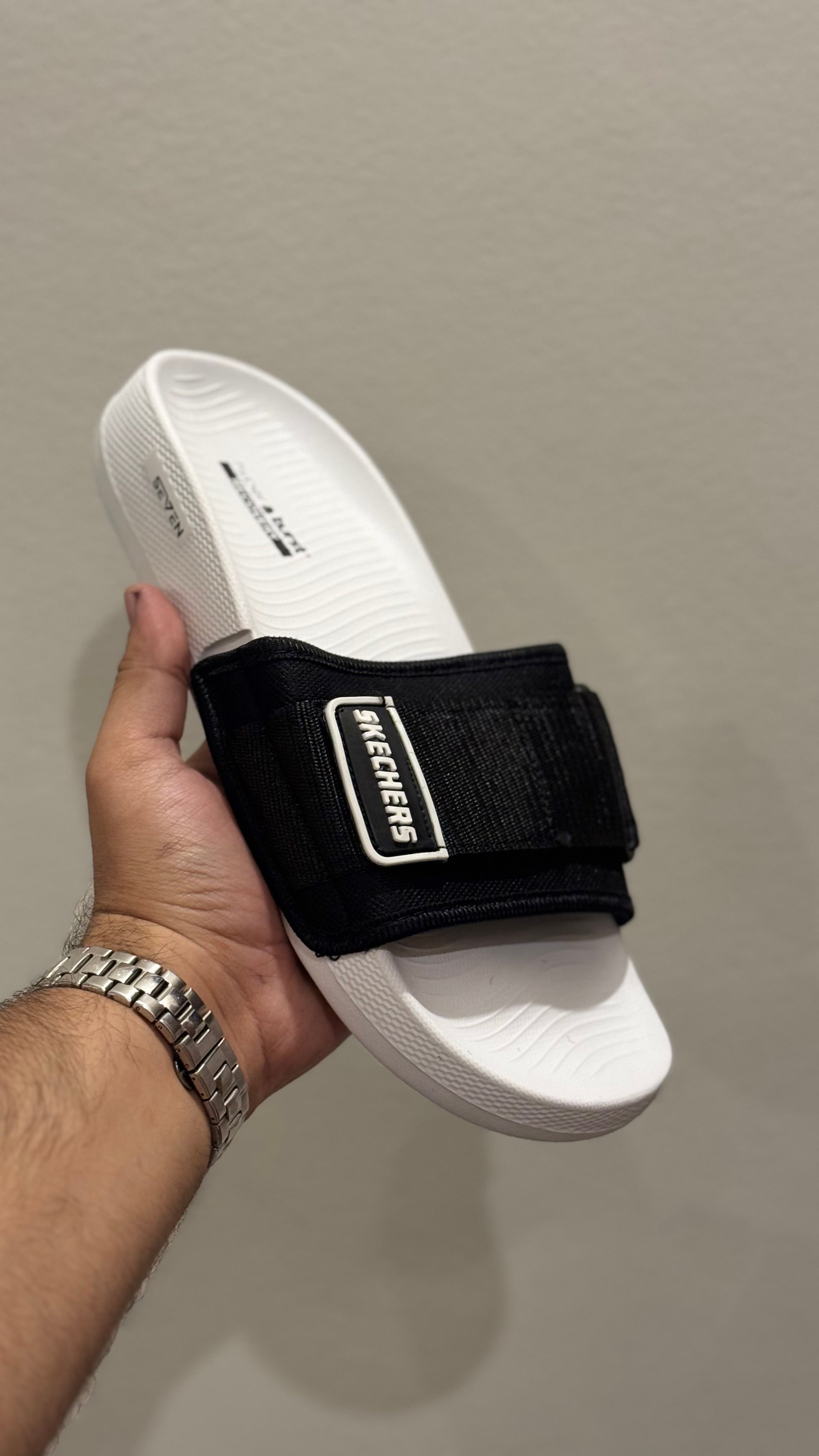 Black & white Skechers Adjustable Strap Slides