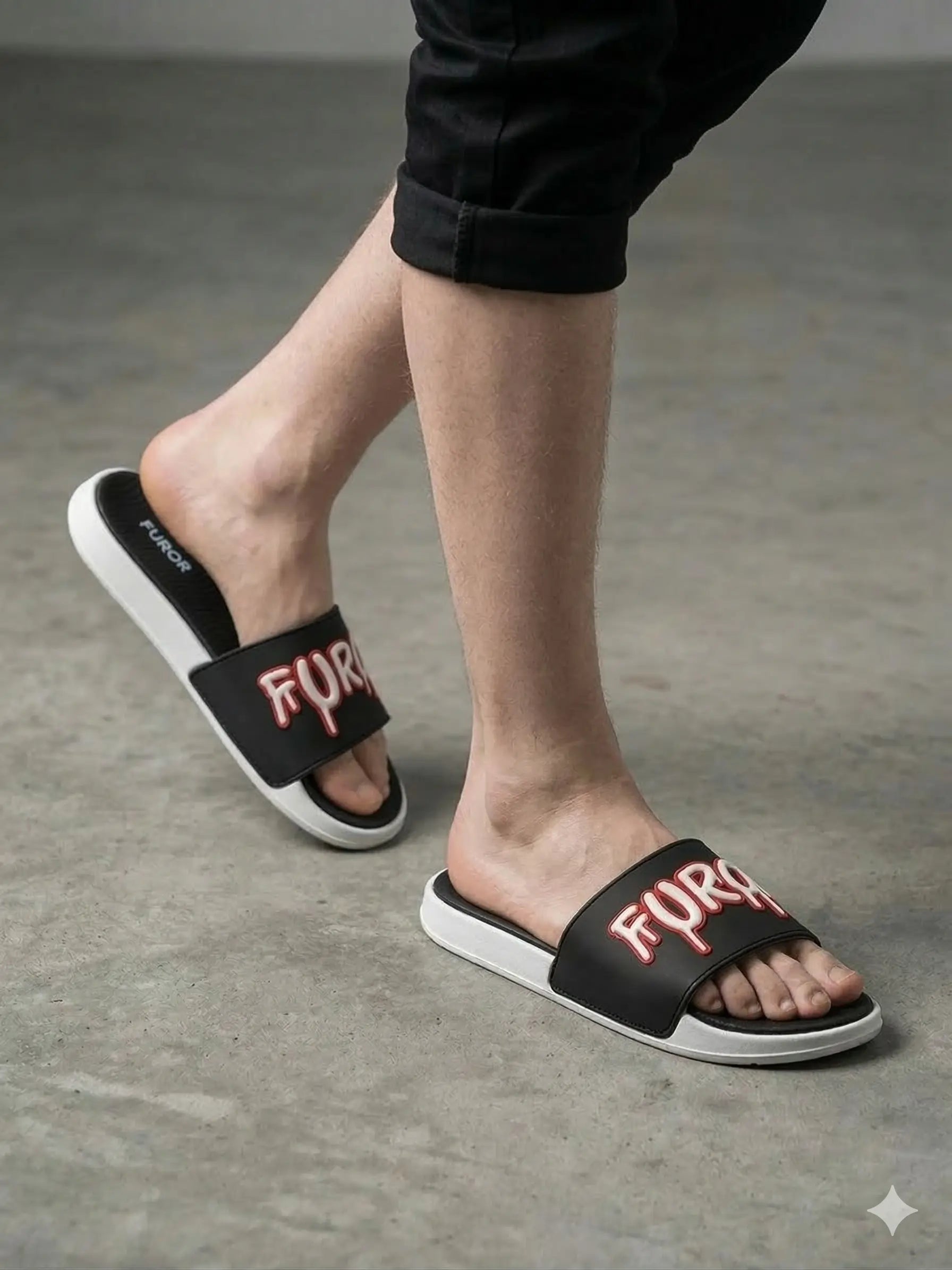 FUROR Elite Series Men’s Casual Slides | Urban Black & Red Drip Logo Sandals | High-Traction Streetwear