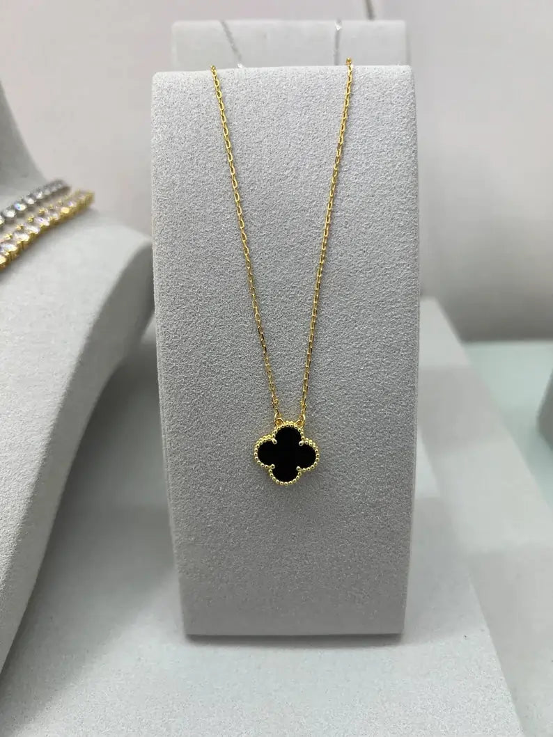 Black Four Leaf Clover Pendant Necklace, 18K Gold Plated